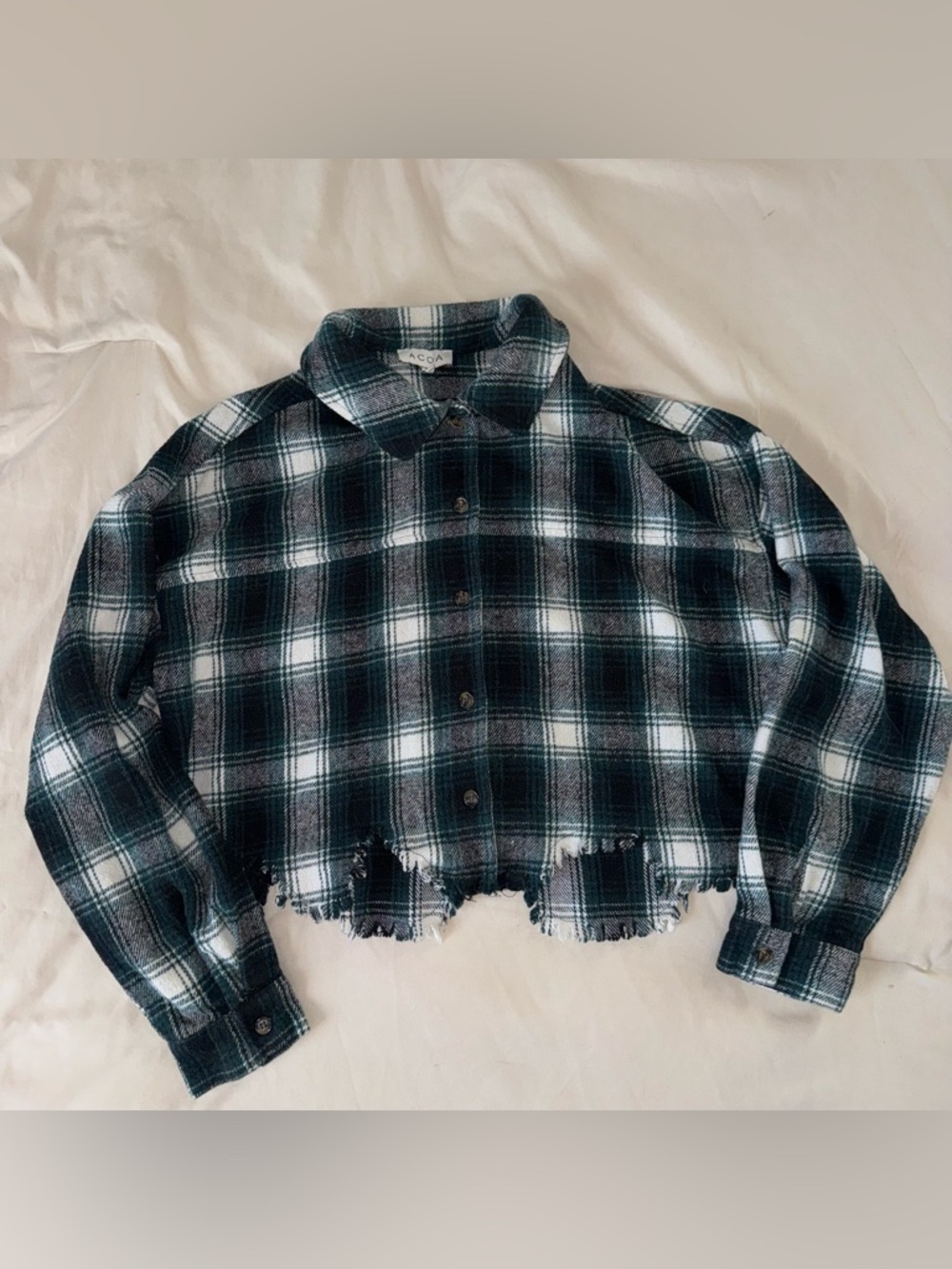 ACOA Blue/Green Plaid Cropped Button-Up Flannel Shirt